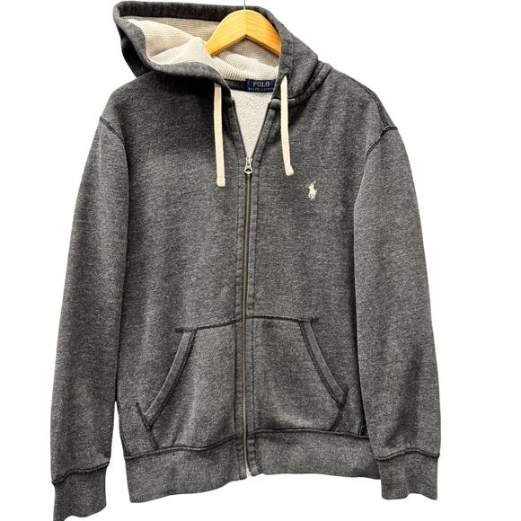 Polo Ralph Lauren Hoodie Mens Large Jacket Gray Full Zip Heavy Knit Raw Stitch - Picture 1 of 7
